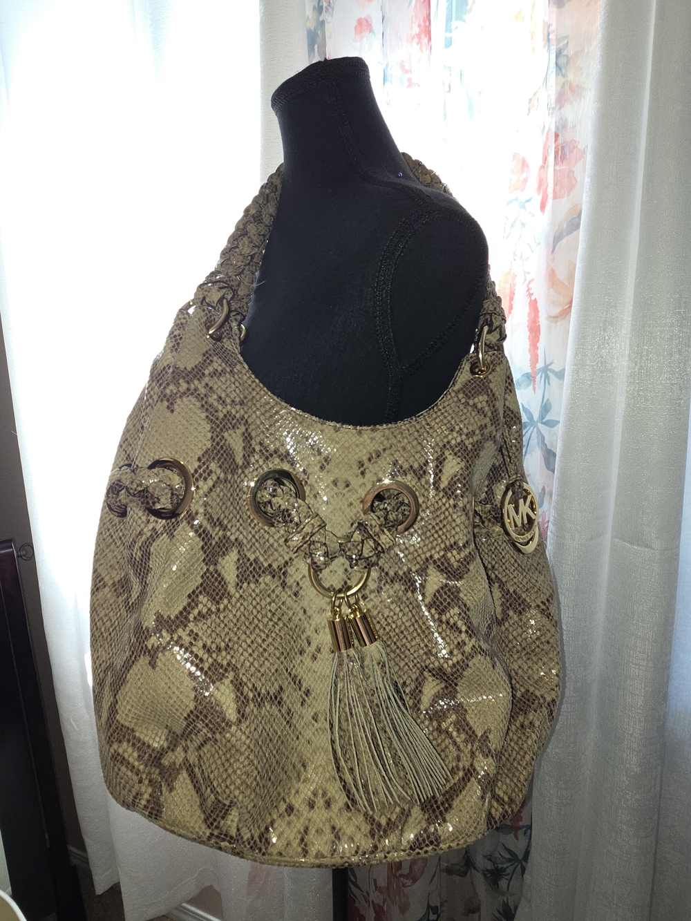 Michael Kors Taupe Snakeskin-Print Shoulder Bag with Tassel